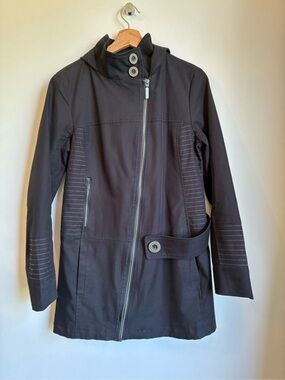 Schwiing Black Asymmetric Zip Hooded Trench Jacket  Coat Size M